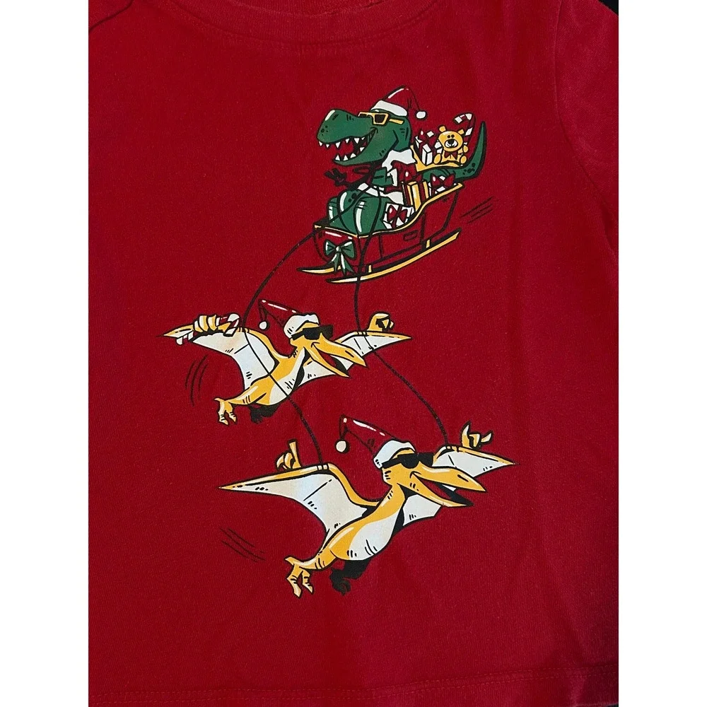 Old Navy Toddler Boys Red Christmas Dinosaur T-Rex Sleigh Graphic TShirt 2T 1604